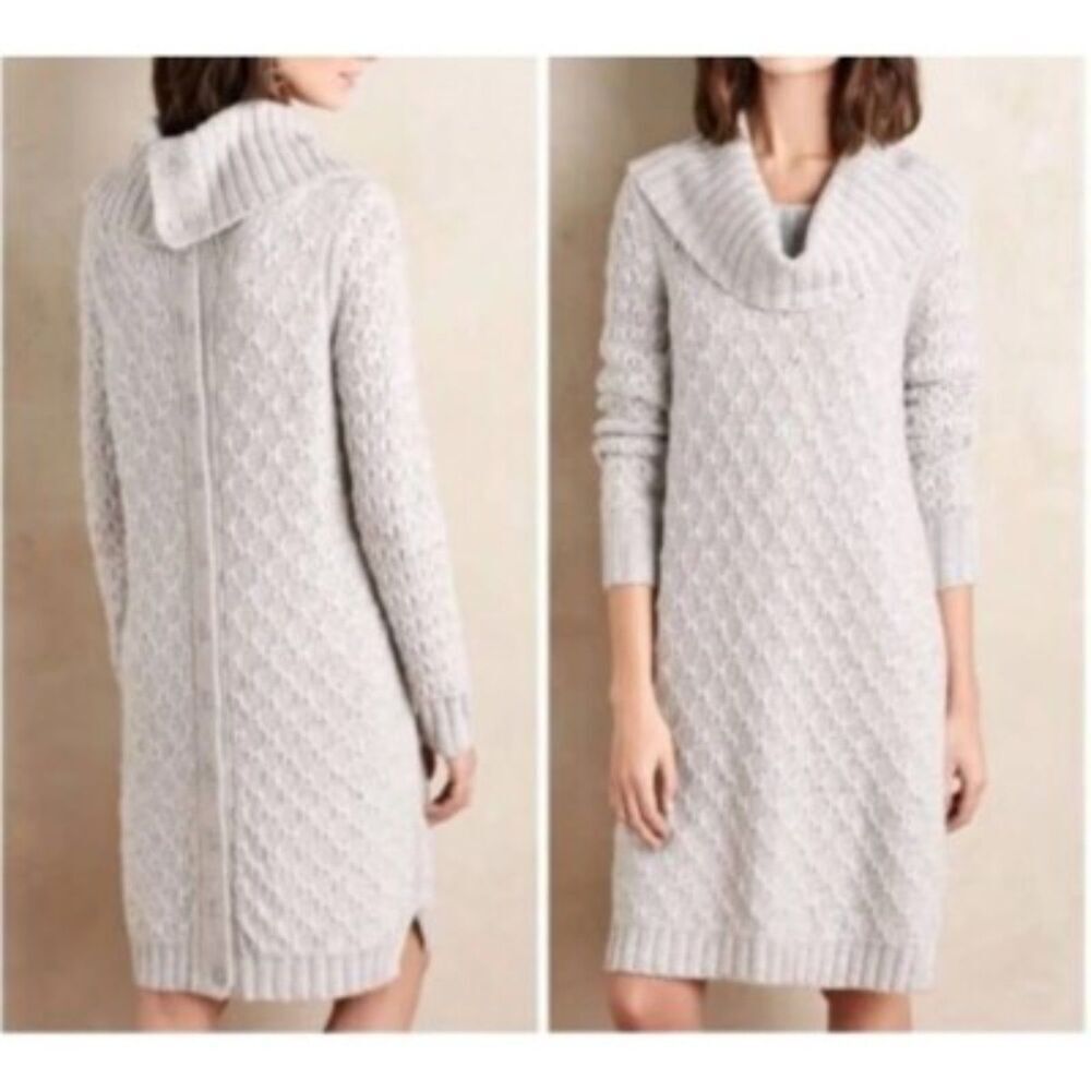 ANTHROPOLOGIE Sparrow Gray Merino Wool Knit Button Up Back Sweater Dress Medium
